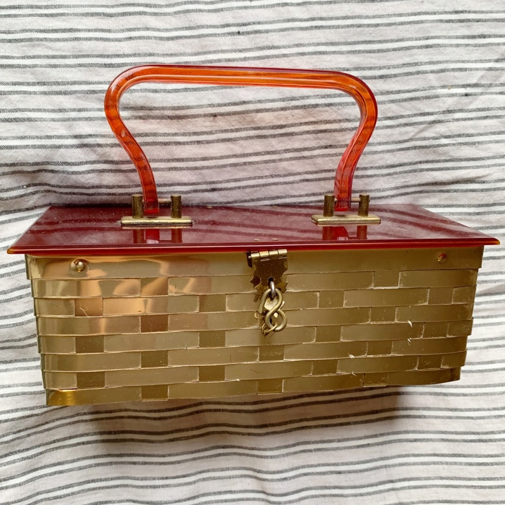 Vintage Brass & Lucite Woven Metal Basket Purse